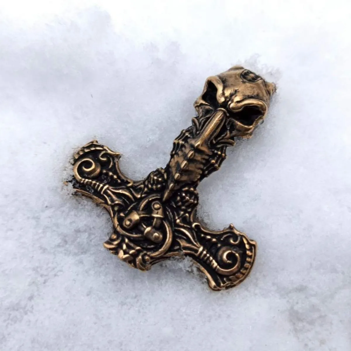 Hammer of Thor bronze skull pendant