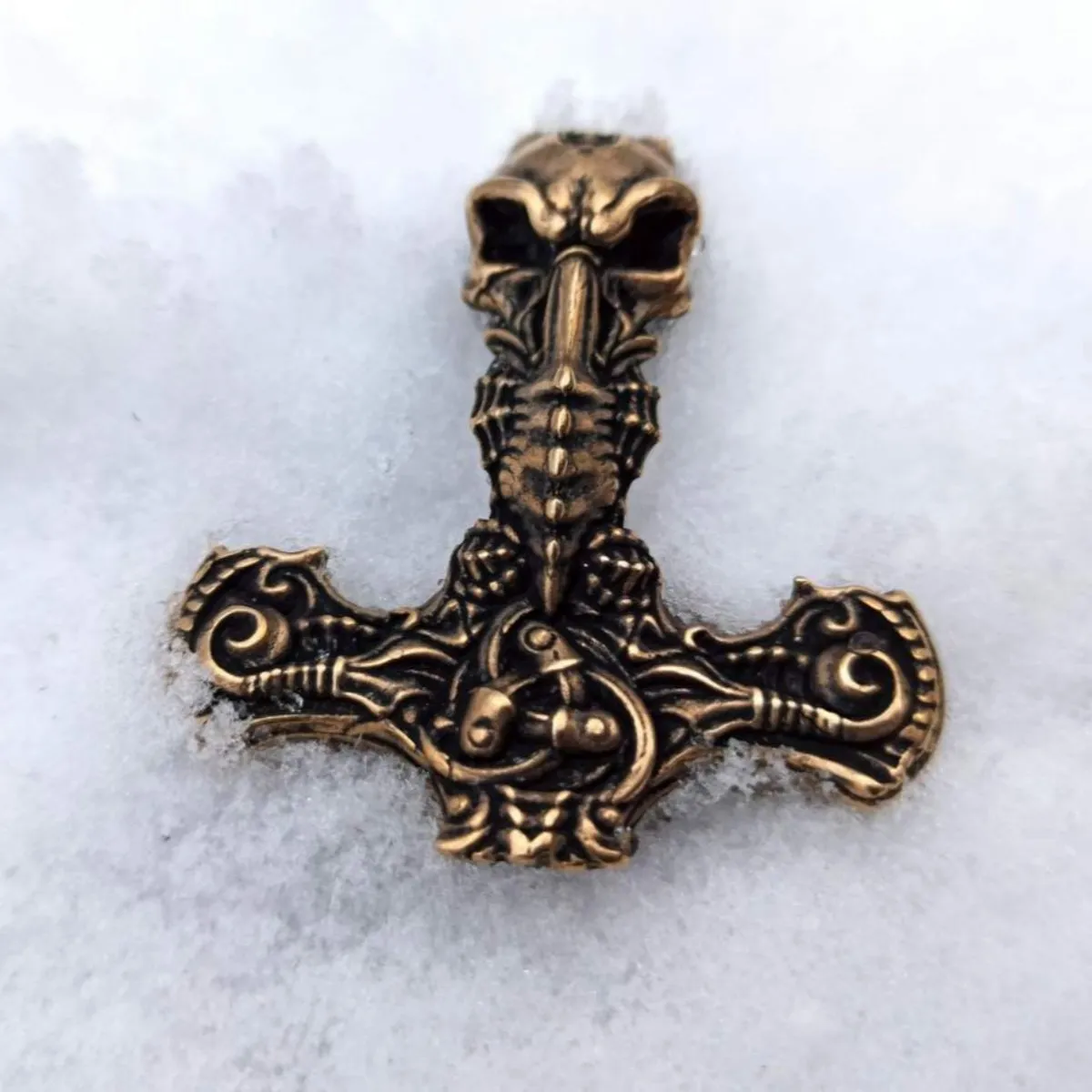 Hammer of Thor bronze skull pendant