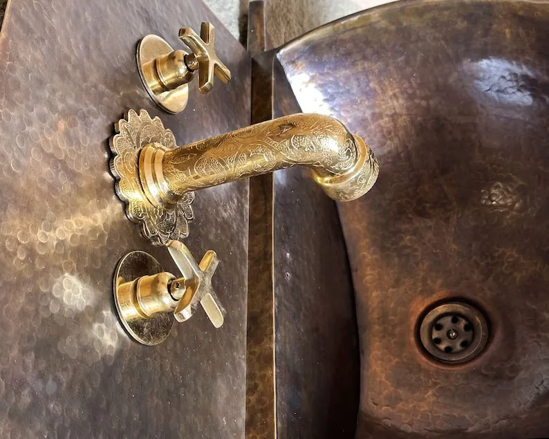 Hammered Brass Wall Hung Basin-Patina Brass Wall Mount Sink with Mixed Faucet