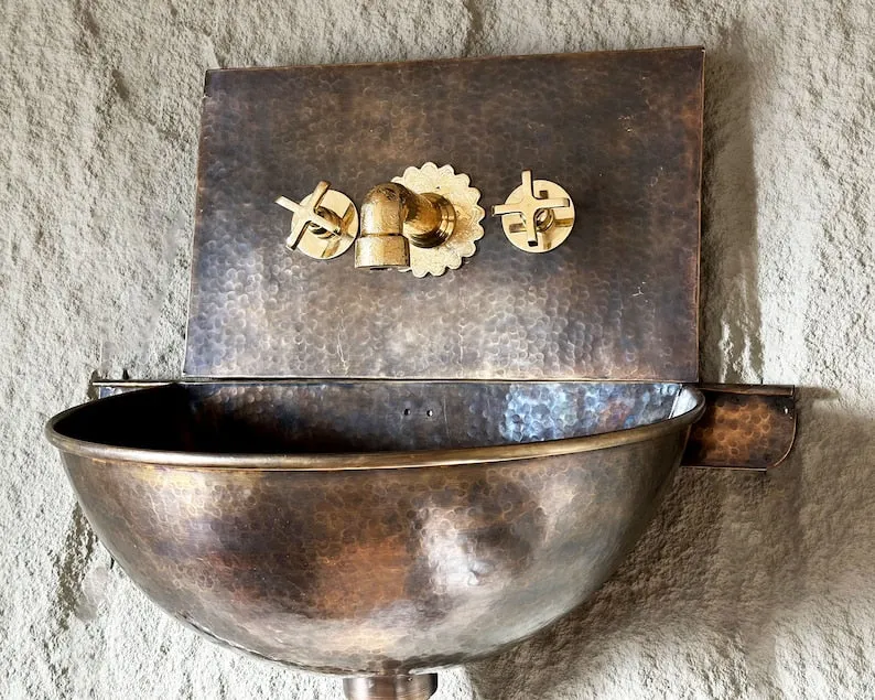 Hammered Brass Wall Hung Basin-Patina Brass Wall Mount Sink with Mixed Faucet