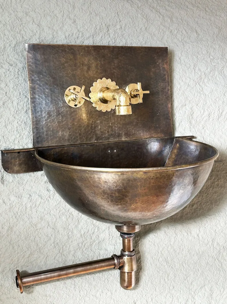 Hammered Brass Wall Hung Basin-Patina Brass Wall Mount Sink with Mixed Faucet