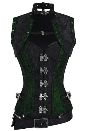 Handmade Full Steel Boned Corset with Sleeveless Jacket – Green & Black Brocade, Corset Story Design (2012)