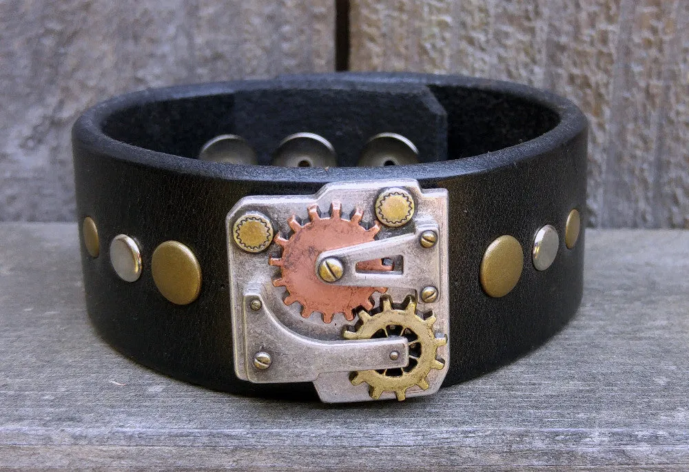 Handmade Leather Wristband with Steampunk Concho