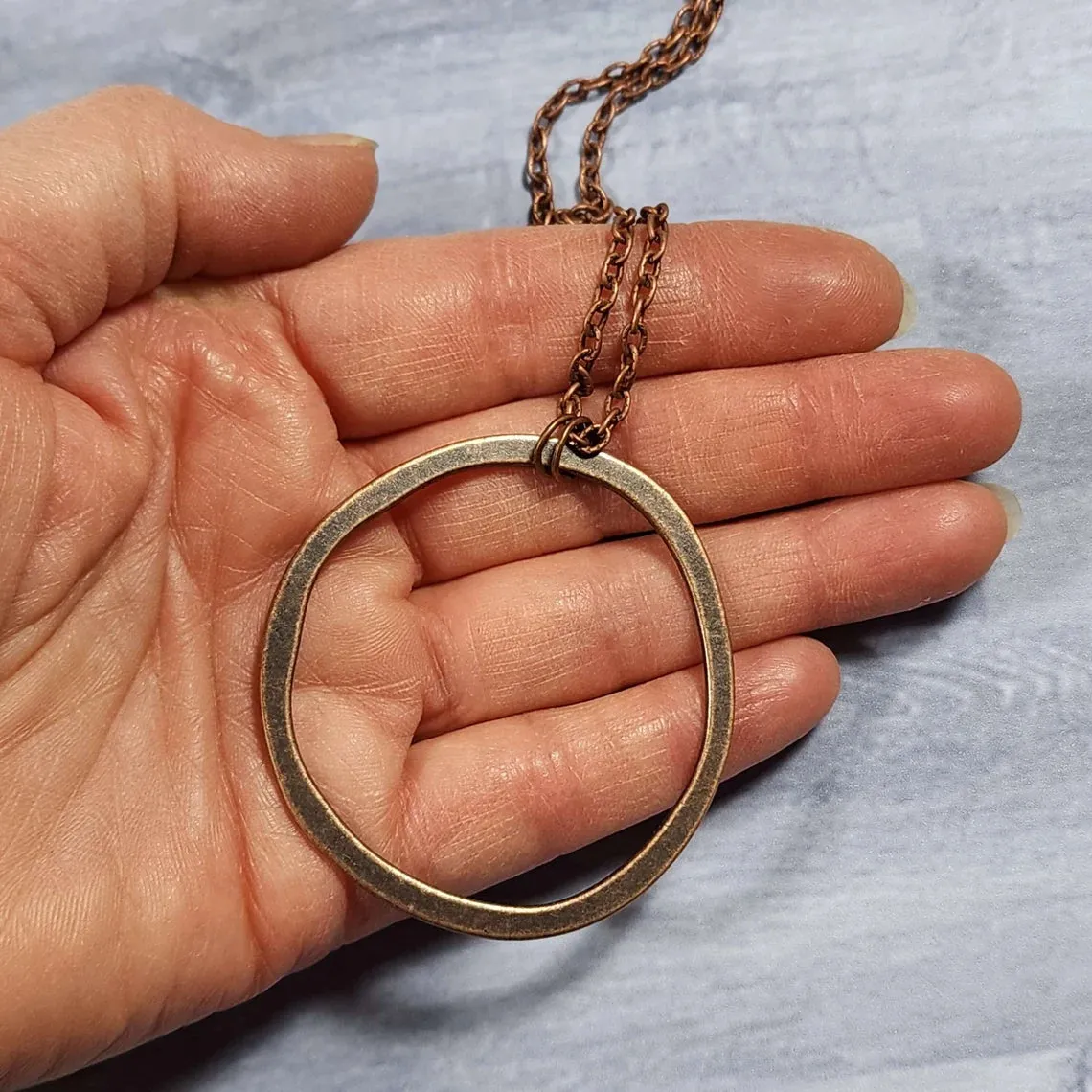 Long Boho Copper Circle Necklace, 28 Inch Antiqued Copper Layering Necklace