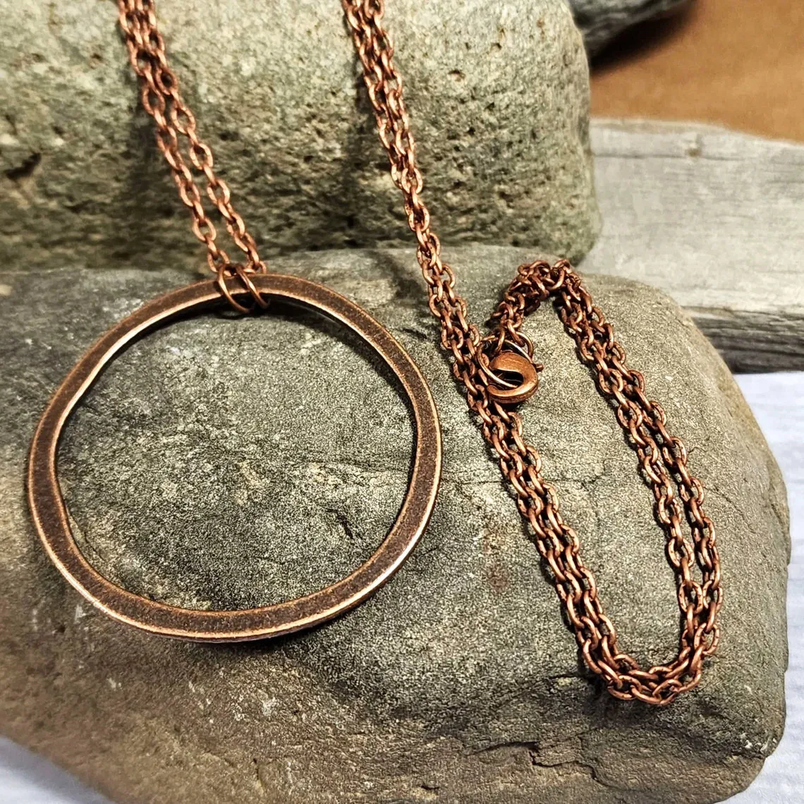 Long Boho Copper Circle Necklace, 28 Inch Antiqued Copper Layering Necklace