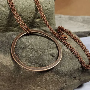Long Boho Copper Circle Necklace, 28 Inch Antiqued Copper Layering Necklace