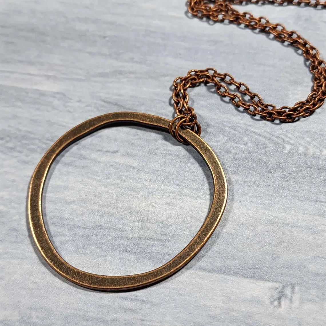 Long Boho Copper Circle Necklace, 28 Inch Antiqued Copper Layering Necklace