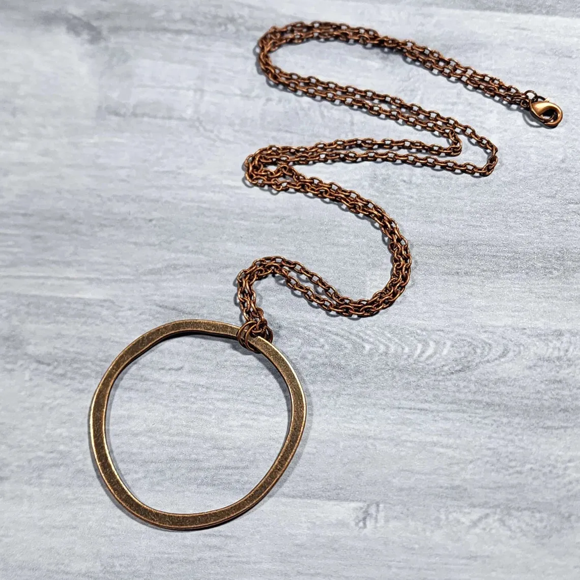 Long Boho Copper Circle Necklace, 28 Inch Antiqued Copper Layering Necklace