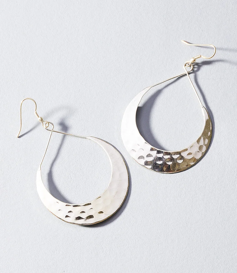 Lunar Crescent Hammered Shiny Silver Hoop Earrings by Matr Boomie