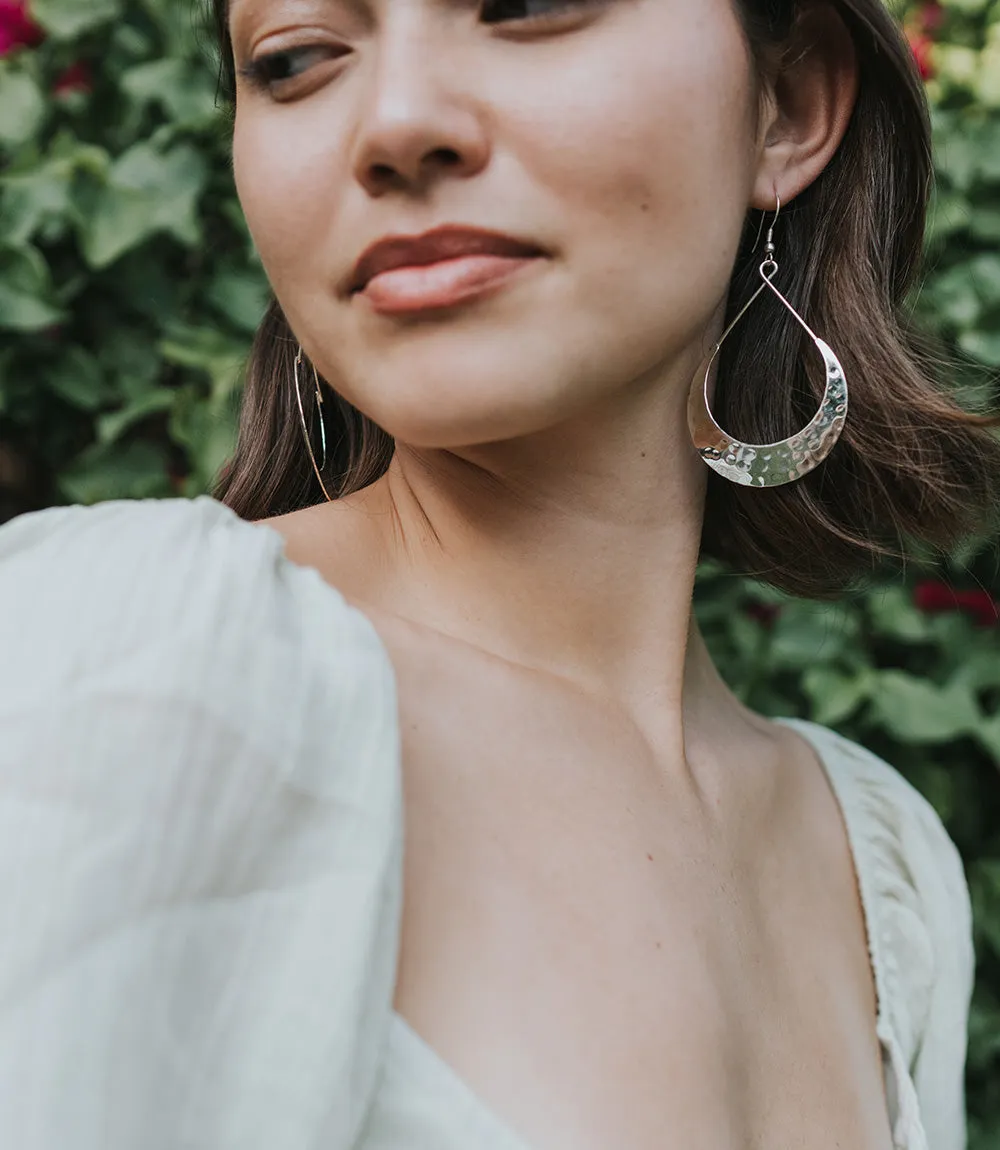 Lunar Crescent Hammered Shiny Silver Hoop Earrings by Matr Boomie