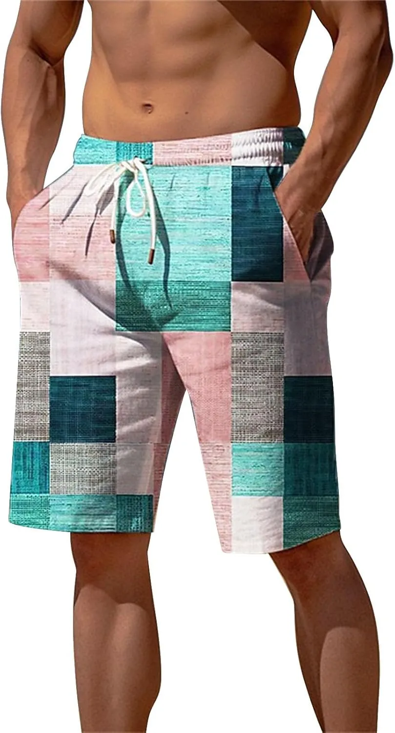 Men's Linen Plaid Ethnic Pattern Jogger Shorts