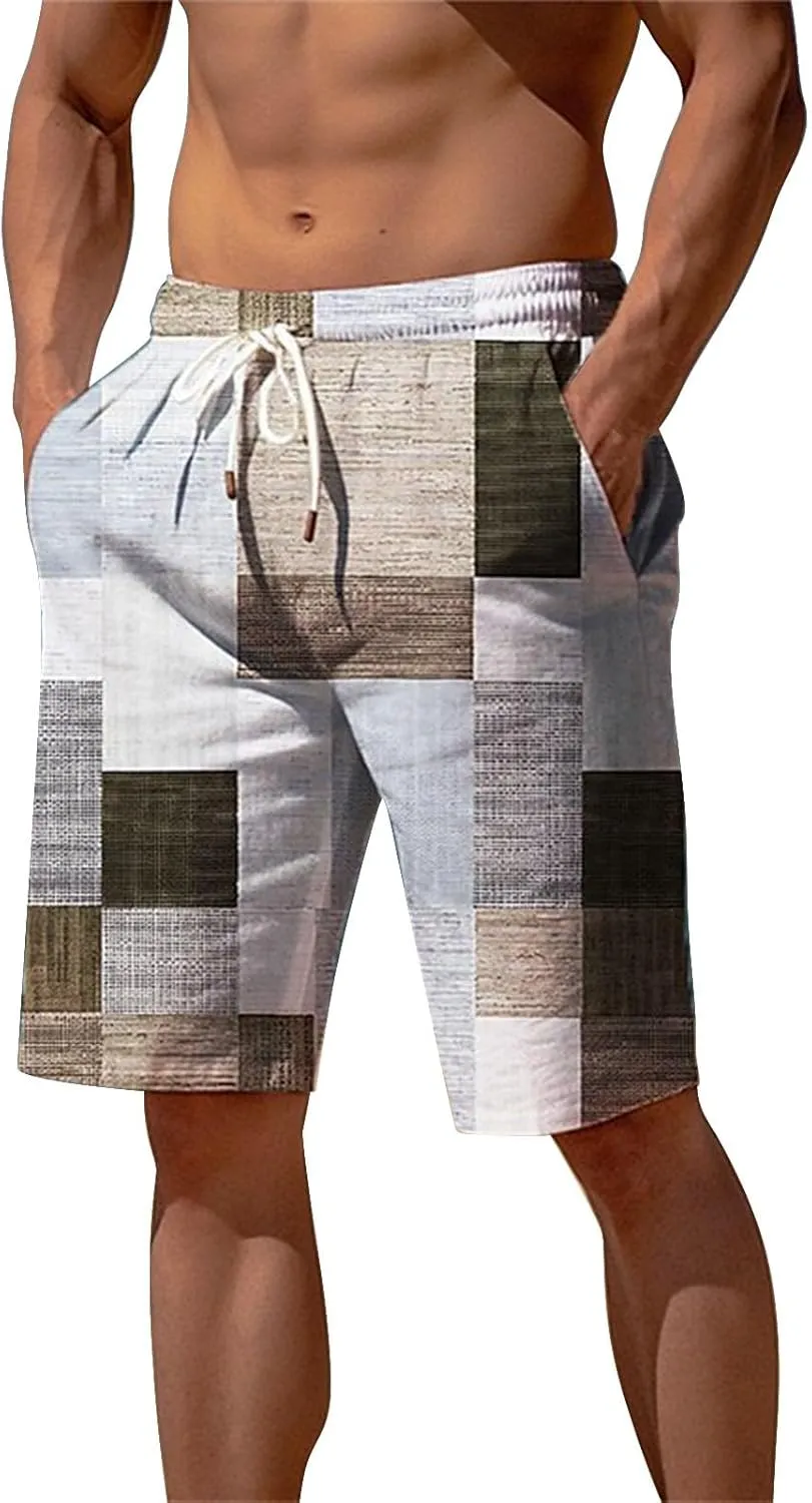 Men's Linen Plaid Ethnic Pattern Jogger Shorts