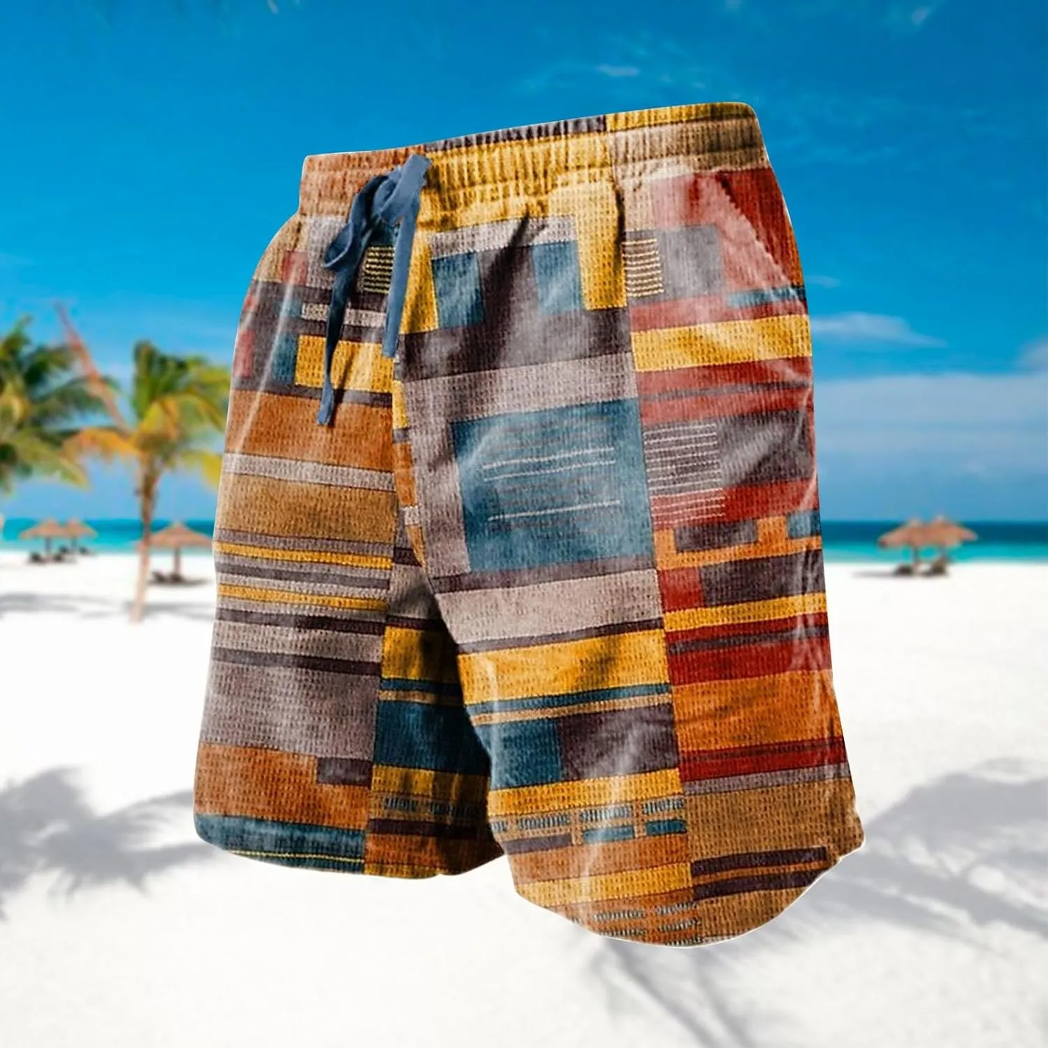 Men's Linen Plaid Ethnic Pattern Jogger Shorts