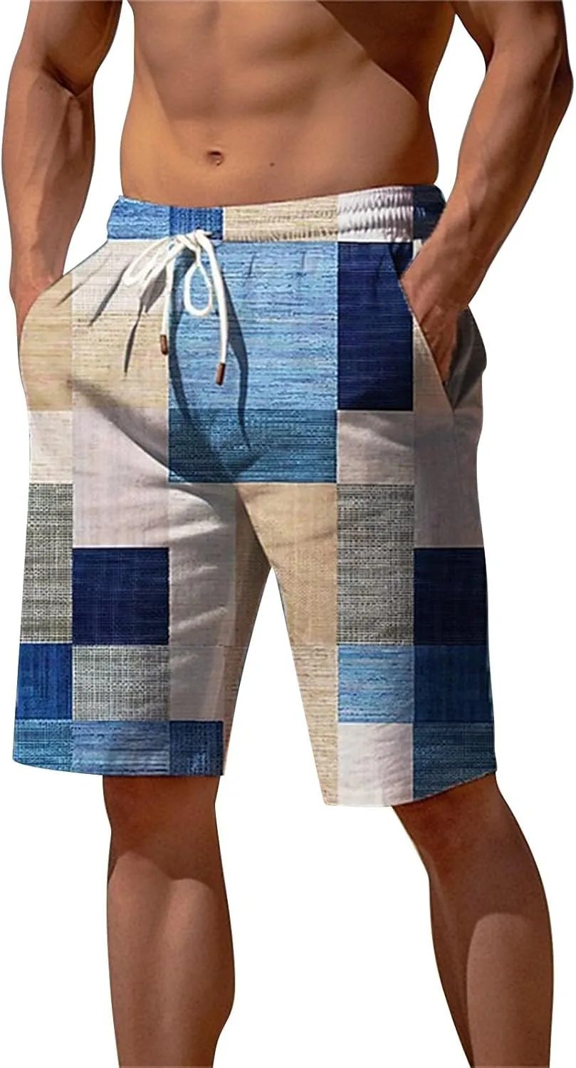 Men's Linen Plaid Ethnic Pattern Jogger Shorts