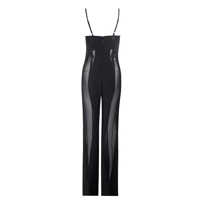 Mesh Siding Spaghetti Strap Jumpsuit