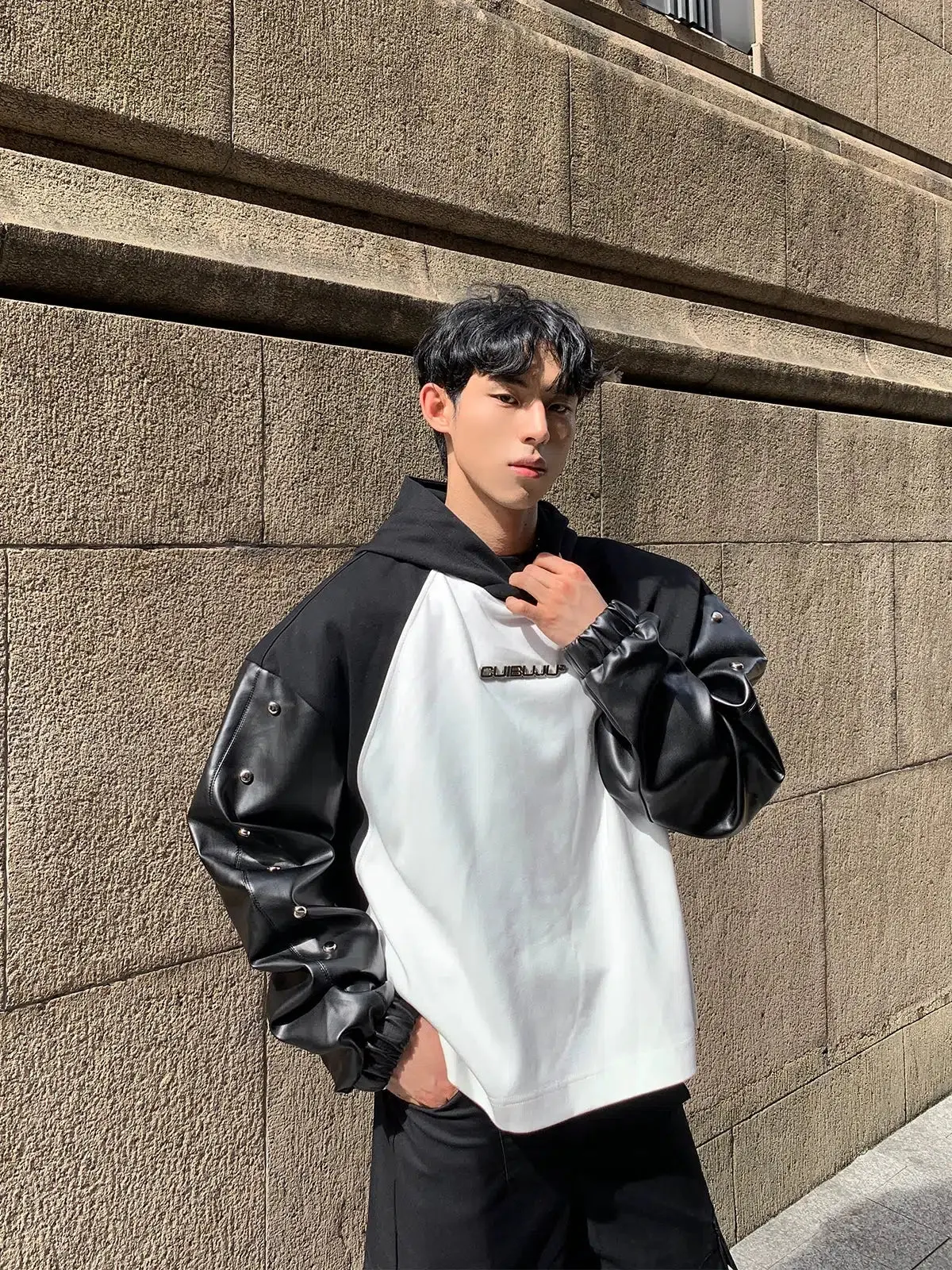 Metal Logo Leather Hooded Sweatshirt