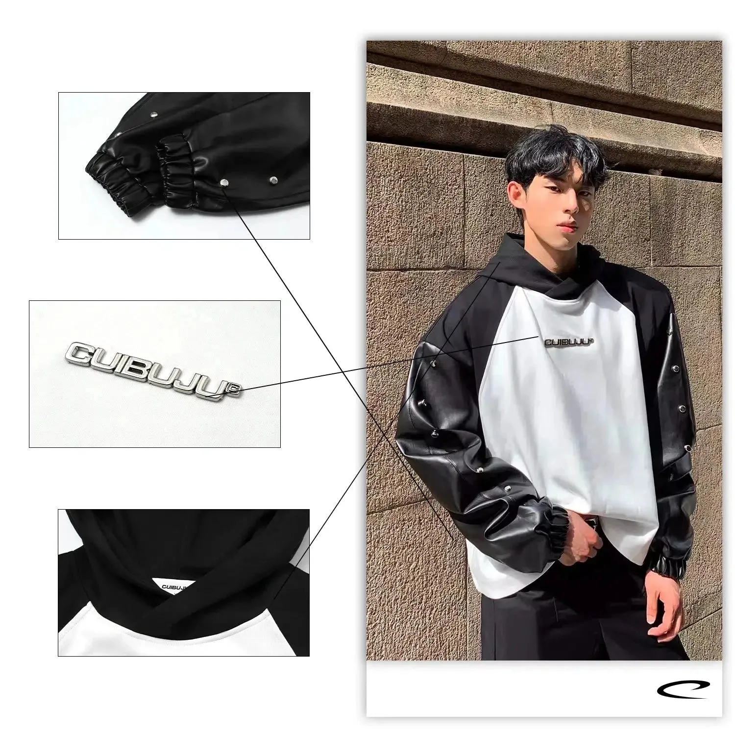 Metal Logo Leather Hooded Sweatshirt
