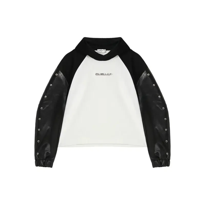 Metal Logo Leather Hooded Sweatshirt