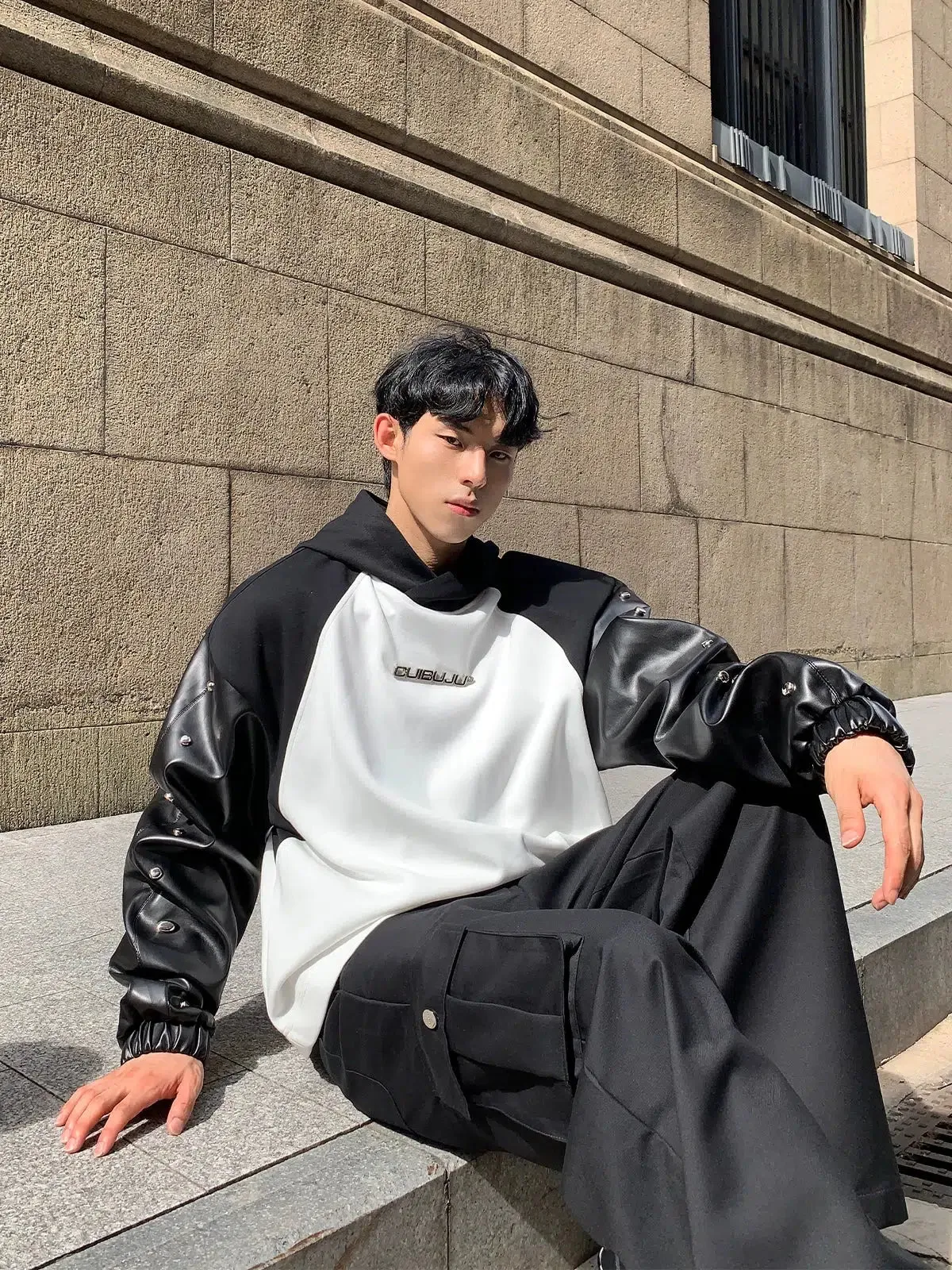 Metal Logo Leather Hooded Sweatshirt