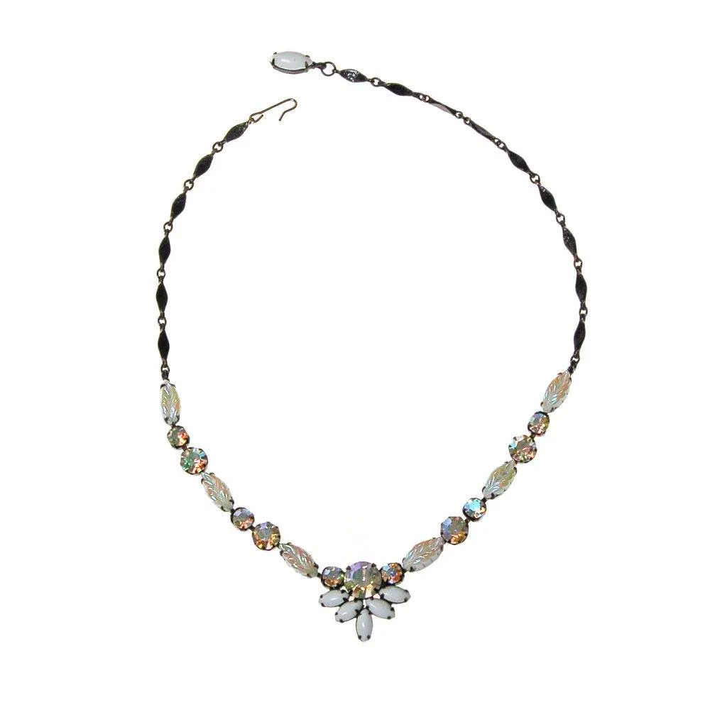 Milk Glass Aurora Borealis Rhinestone Necklace