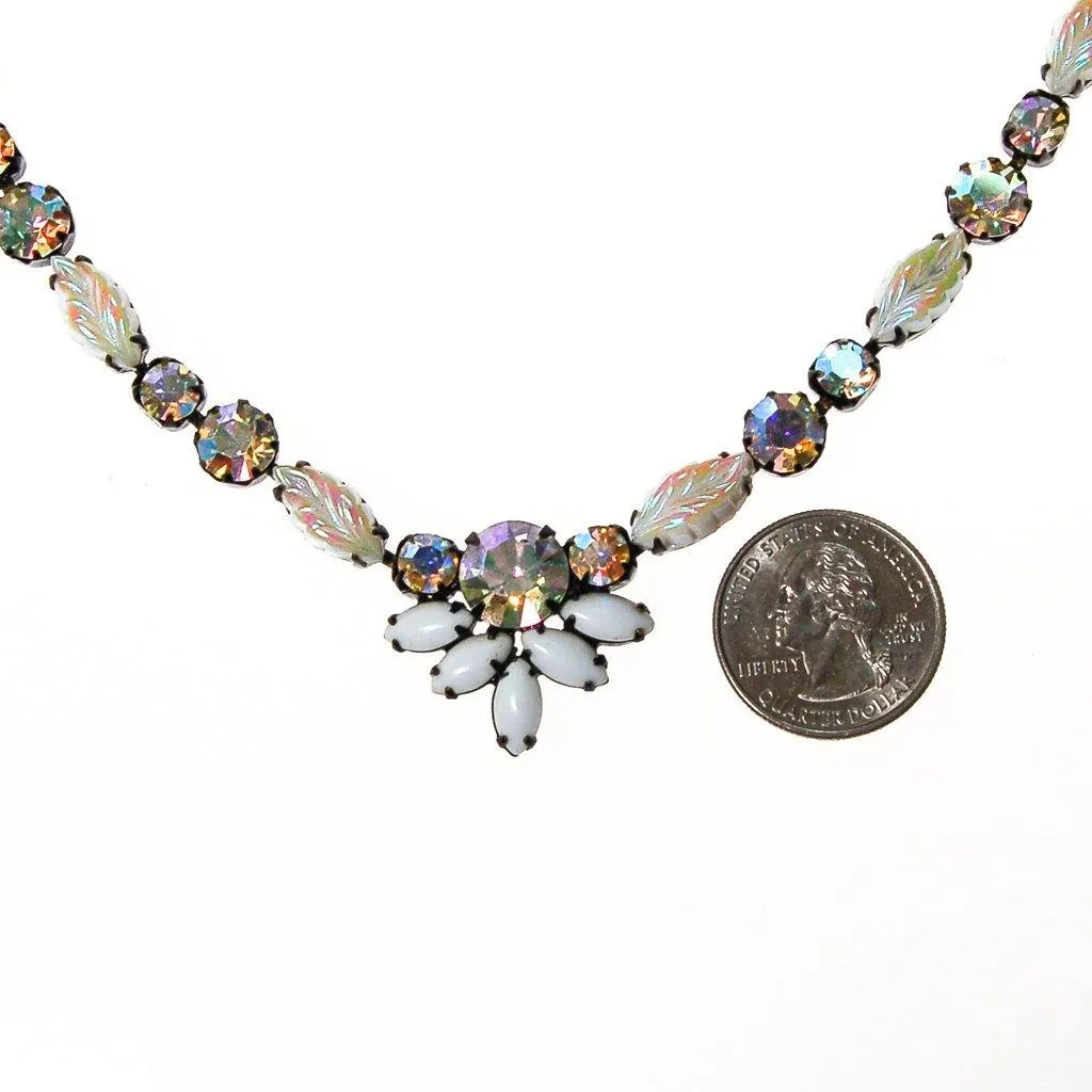 Milk Glass Aurora Borealis Rhinestone Necklace