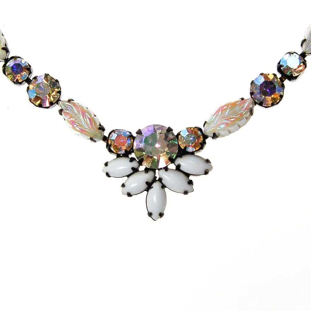 Milk Glass Aurora Borealis Rhinestone Necklace