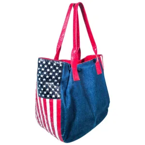NANCY GONZALEZ CAYMAN Crocodile American Flag Denim Carry All Purse