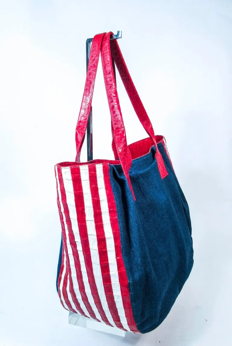NANCY GONZALEZ CAYMAN Crocodile American Flag Denim Carry All Purse