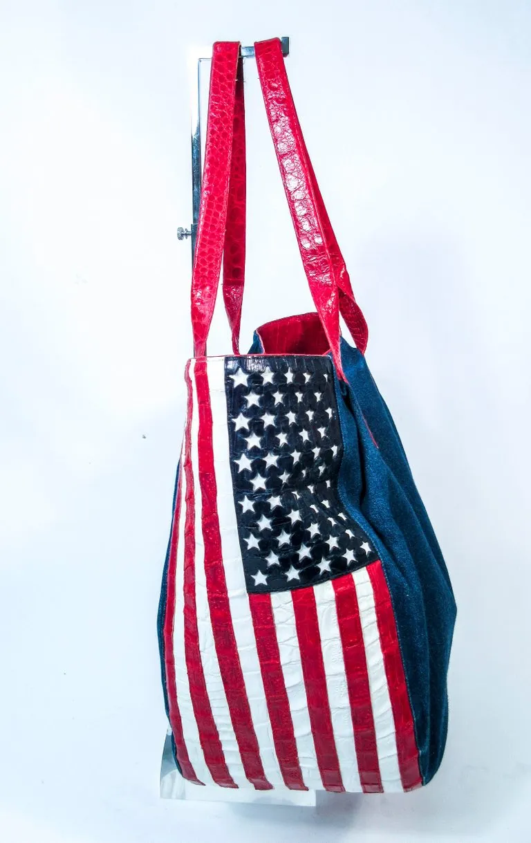 NANCY GONZALEZ CAYMAN Crocodile American Flag Denim Carry All Purse