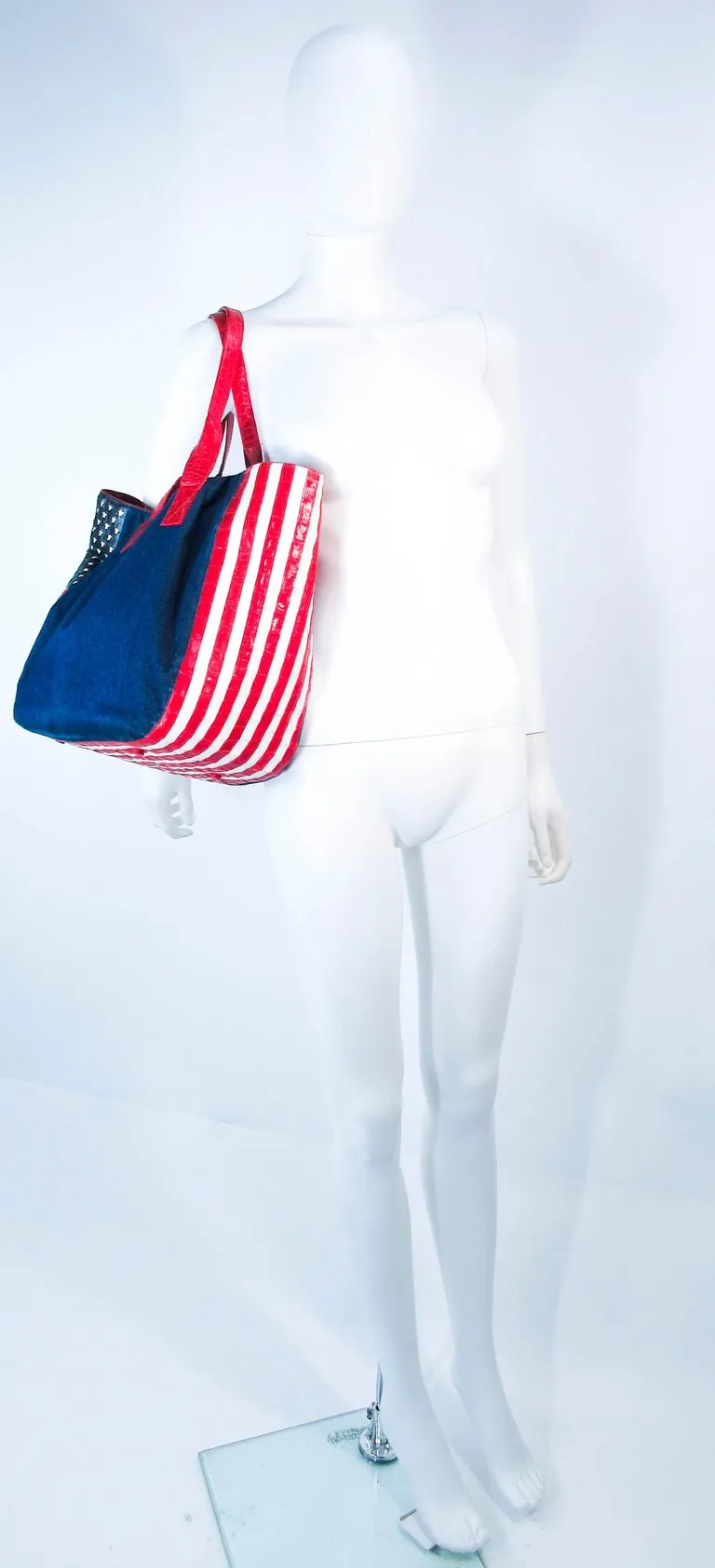 NANCY GONZALEZ CAYMAN Crocodile American Flag Denim Carry All Purse