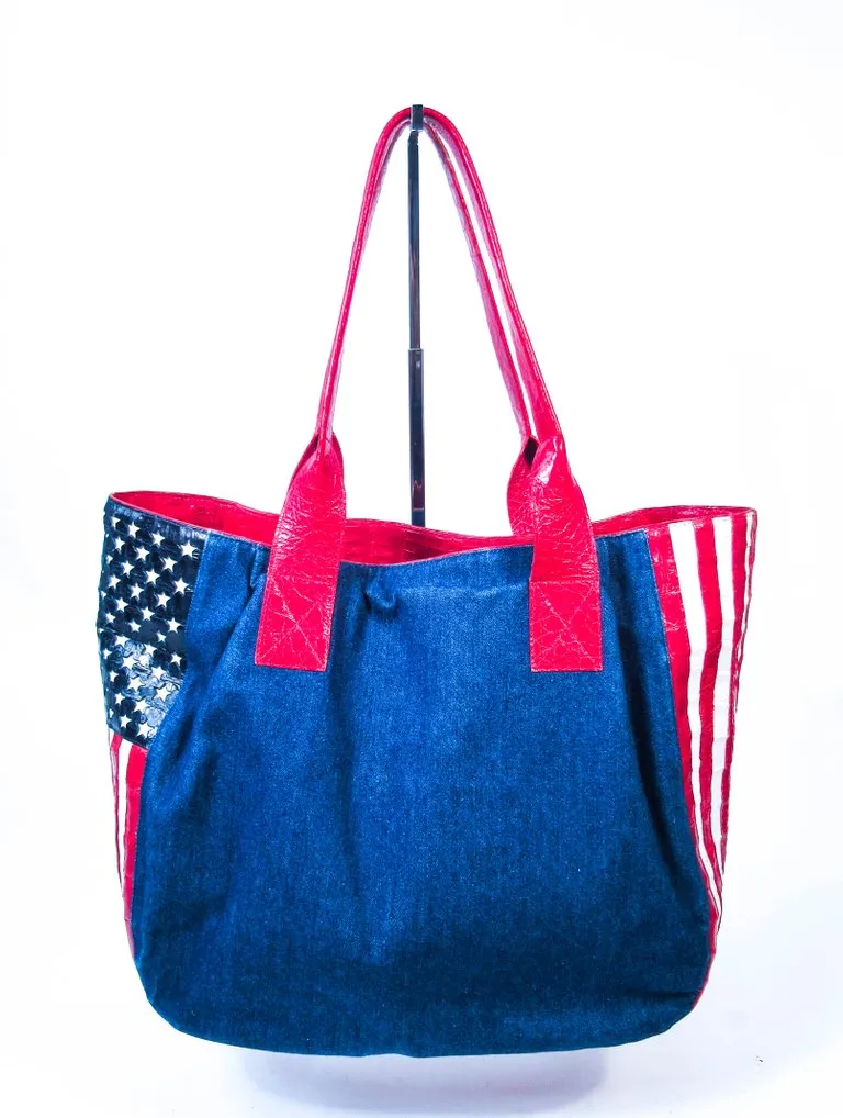 NANCY GONZALEZ CAYMAN Crocodile American Flag Denim Carry All Purse