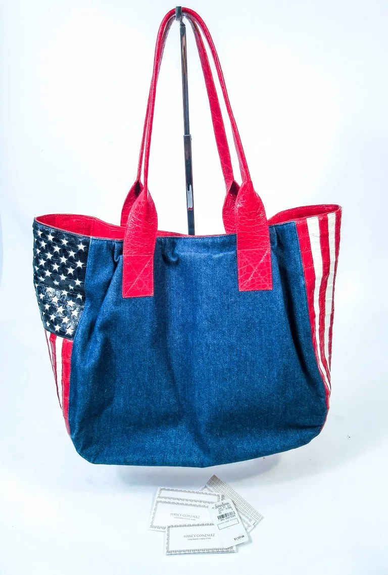 NANCY GONZALEZ CAYMAN Crocodile American Flag Denim Carry All Purse