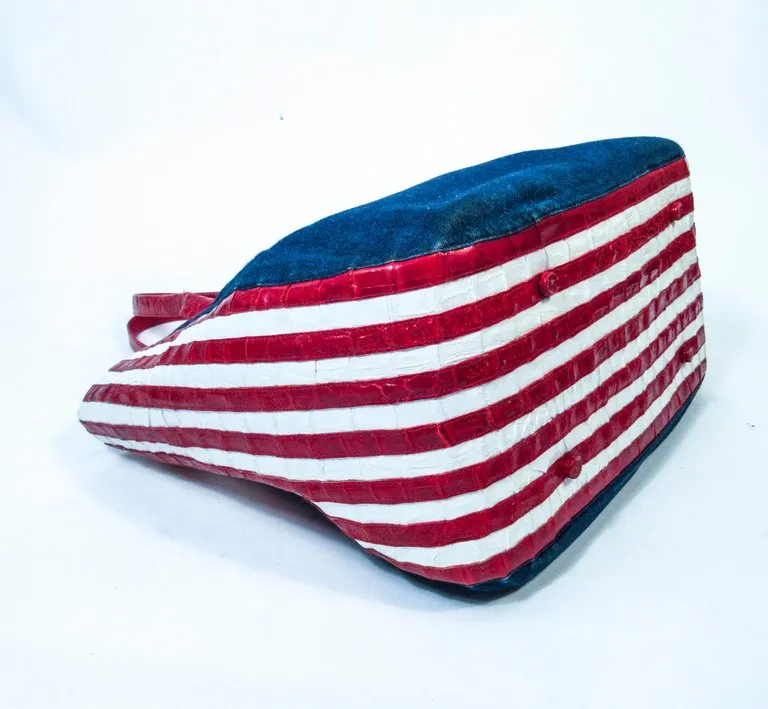 NANCY GONZALEZ CAYMAN Crocodile American Flag Denim Carry All Purse