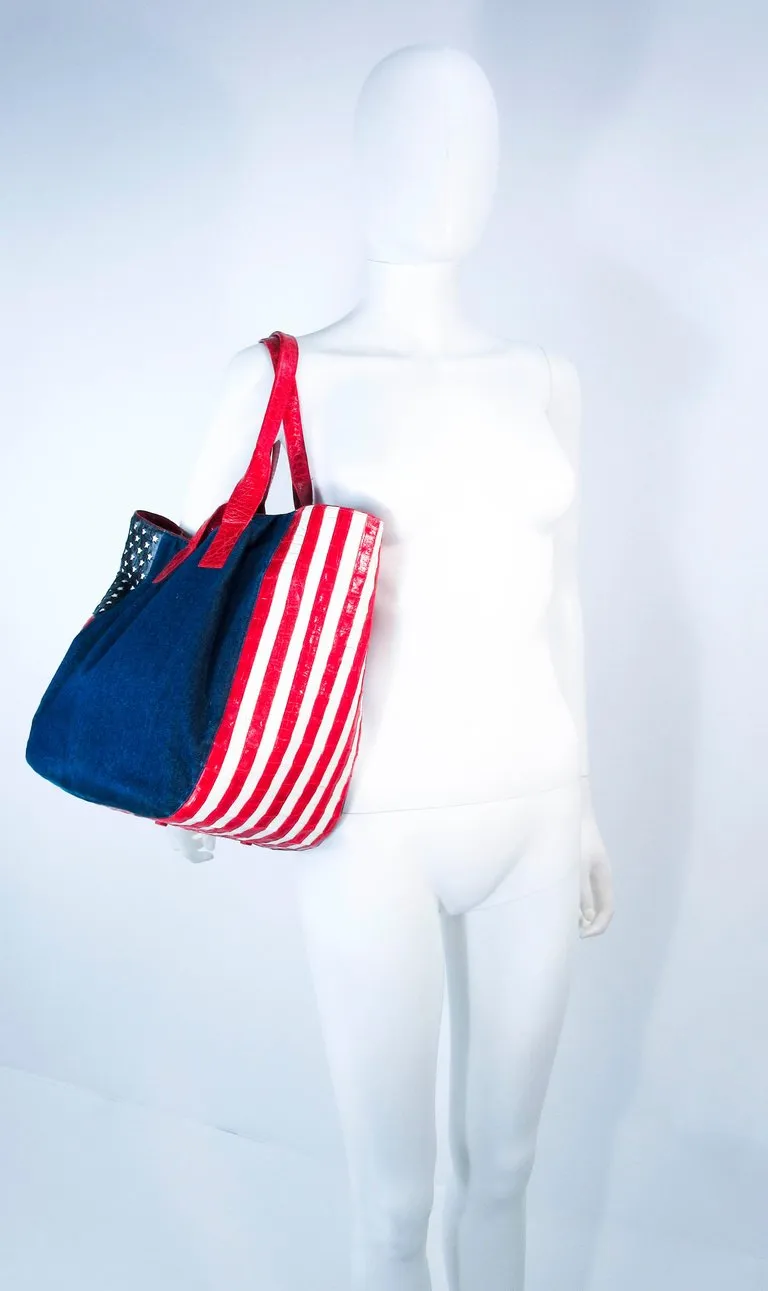 NANCY GONZALEZ CAYMAN Crocodile American Flag Denim Carry All Purse