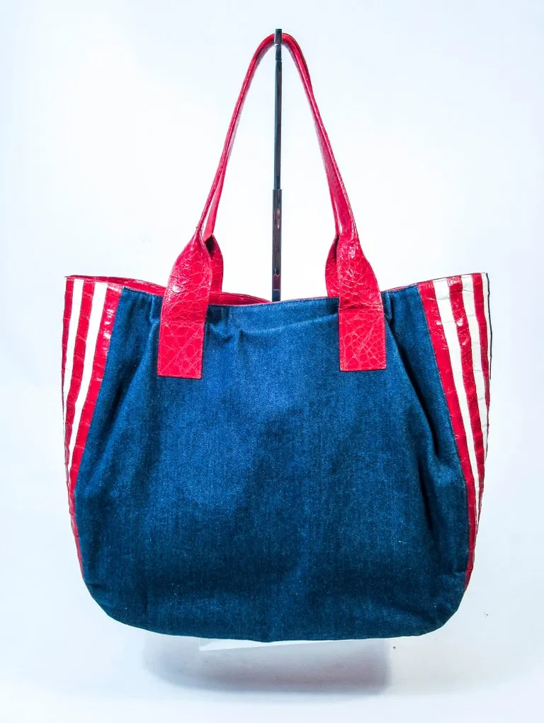 NANCY GONZALEZ CAYMAN Crocodile American Flag Denim Carry All Purse