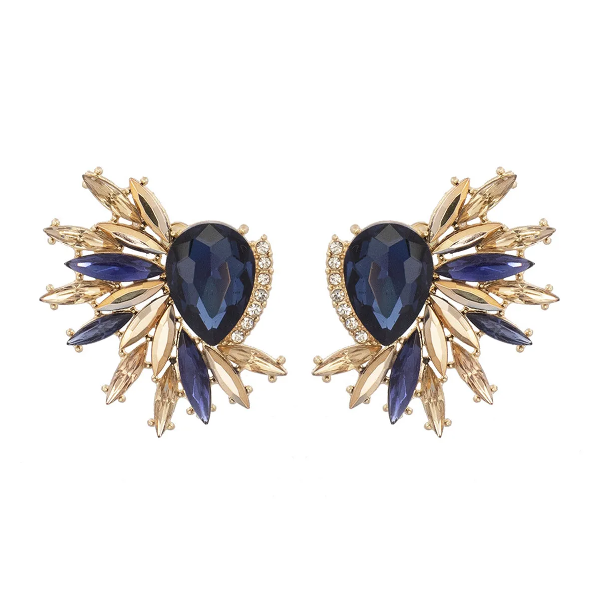 Navy Crystal & Cubic Zirconia Botanical Stud Earrings