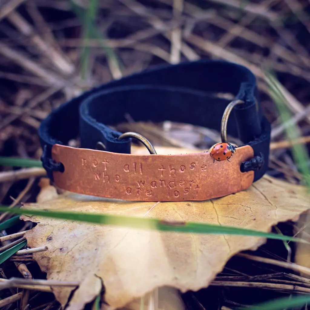 not all those who wander are lost // leather and copper double wrap bracelet