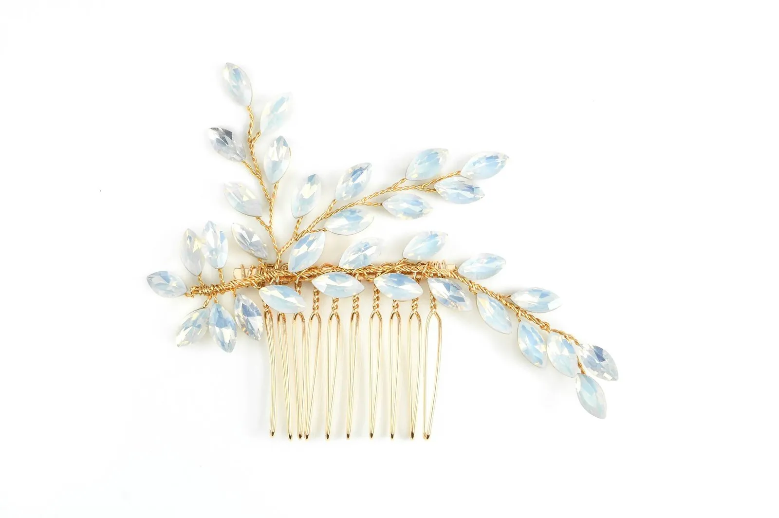 Opaline Gold Hair Comb Opal Crystal Navettes Bridal Wedding