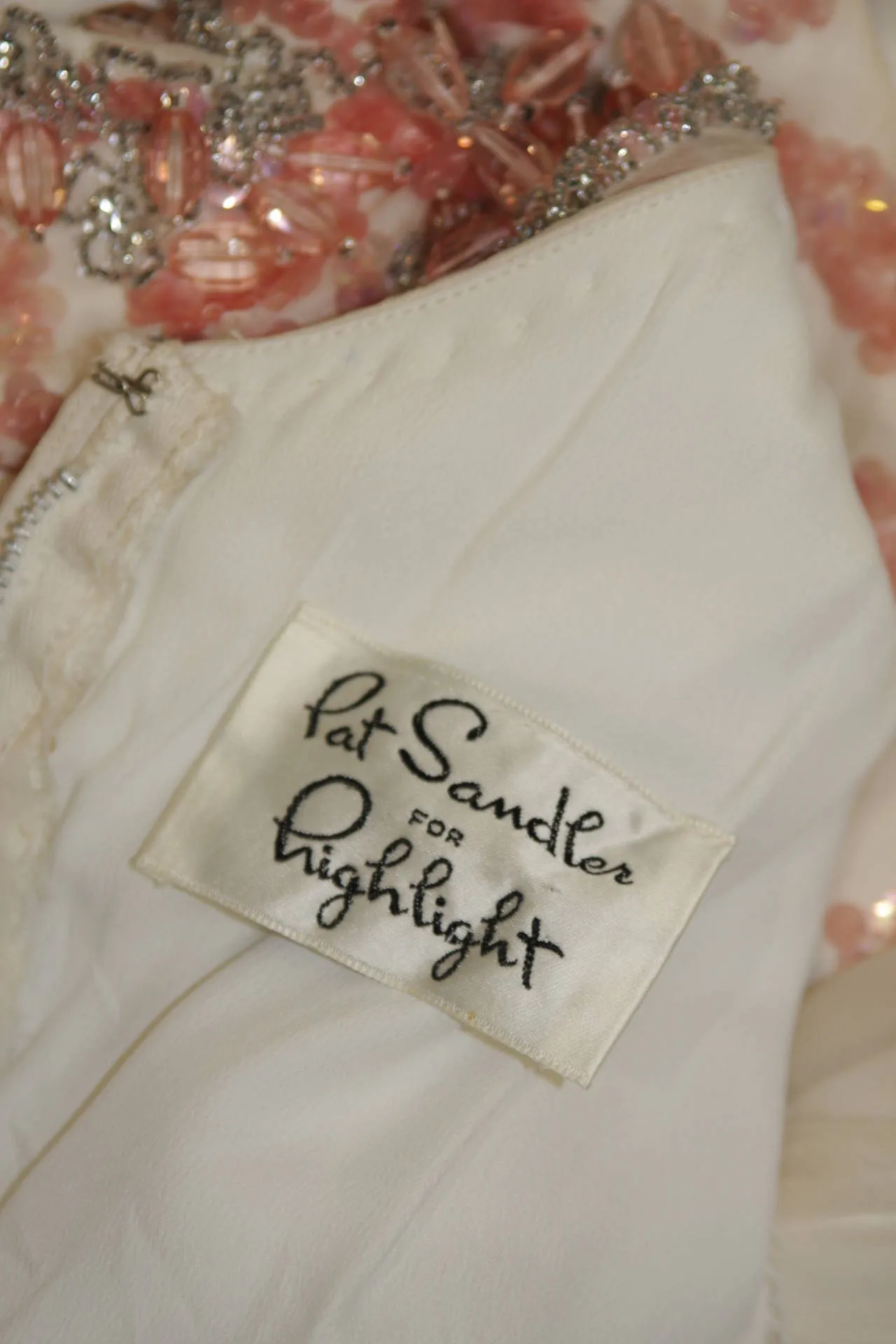PAT SANDLER Ivory Chiffon Cocktail Dress w/ Pink Accents