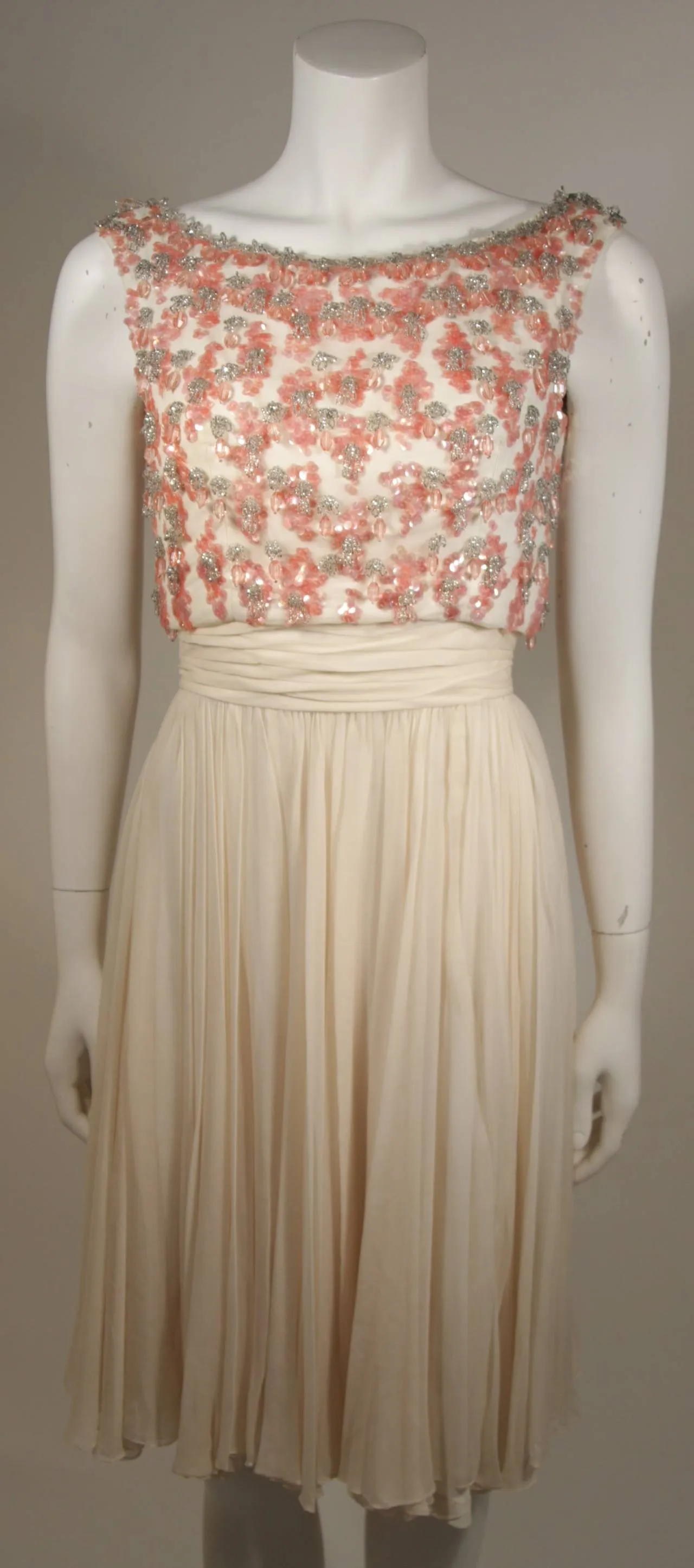 PAT SANDLER Ivory Chiffon Cocktail Dress w/ Pink Accents