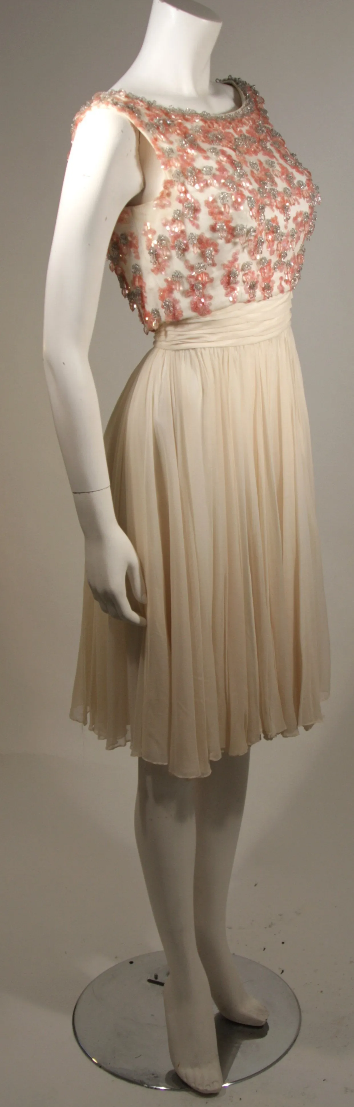 PAT SANDLER Ivory Chiffon Cocktail Dress w/ Pink Accents