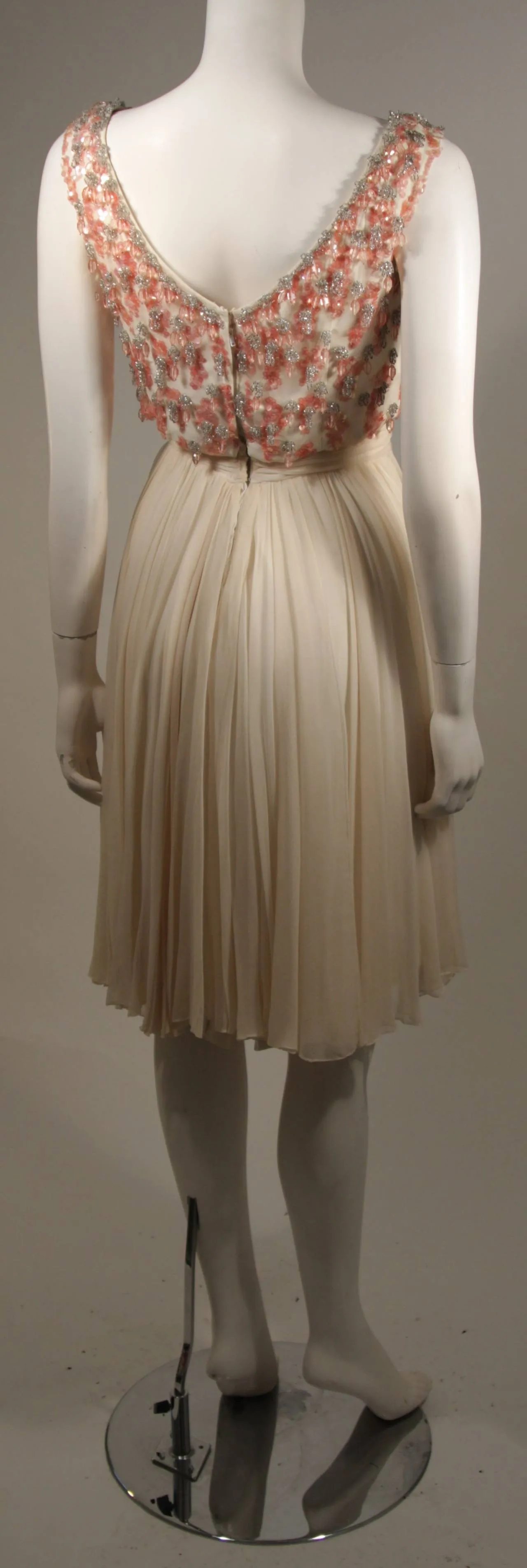 PAT SANDLER Ivory Chiffon Cocktail Dress w/ Pink Accents