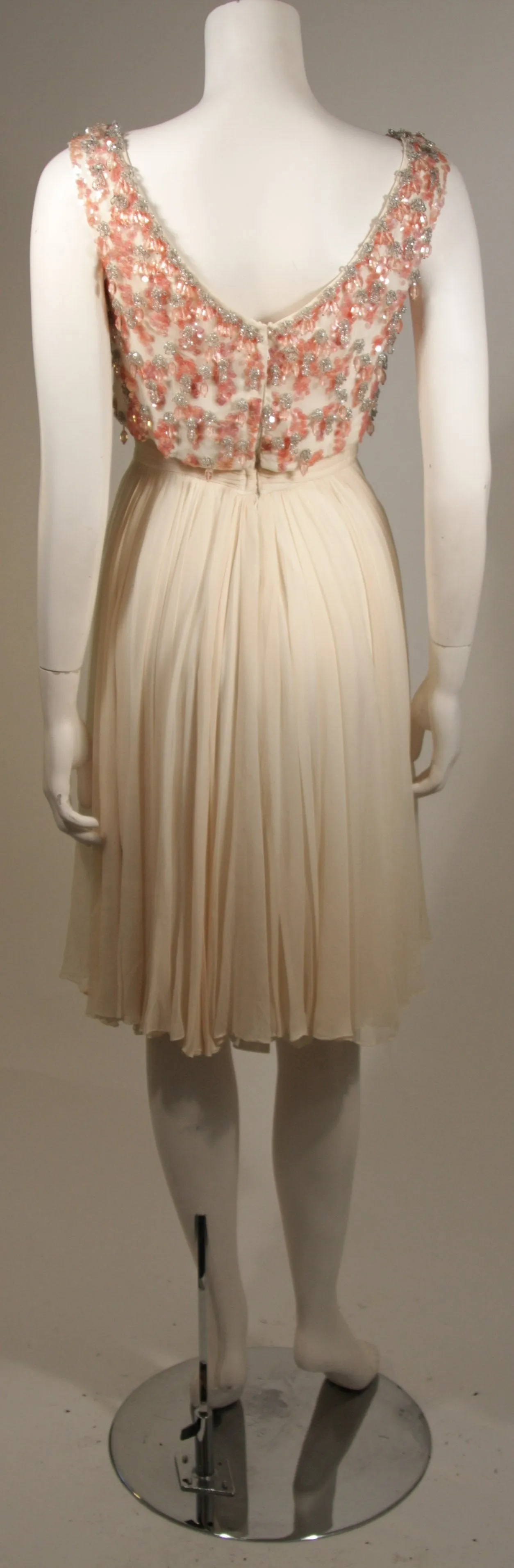 PAT SANDLER Ivory Chiffon Cocktail Dress w/ Pink Accents