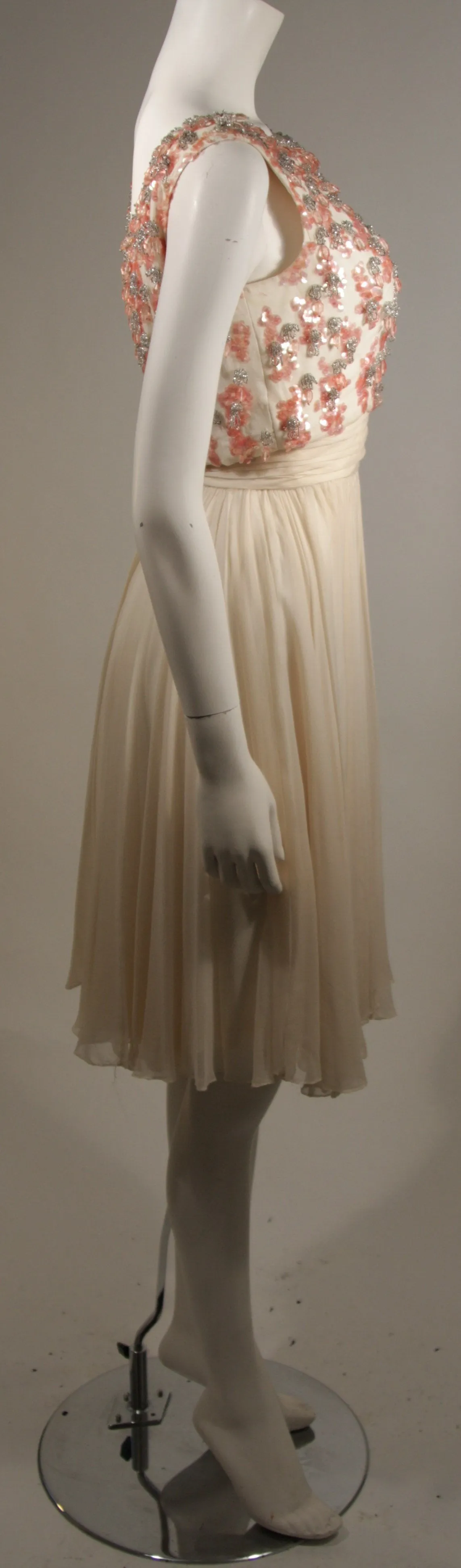 PAT SANDLER Ivory Chiffon Cocktail Dress w/ Pink Accents