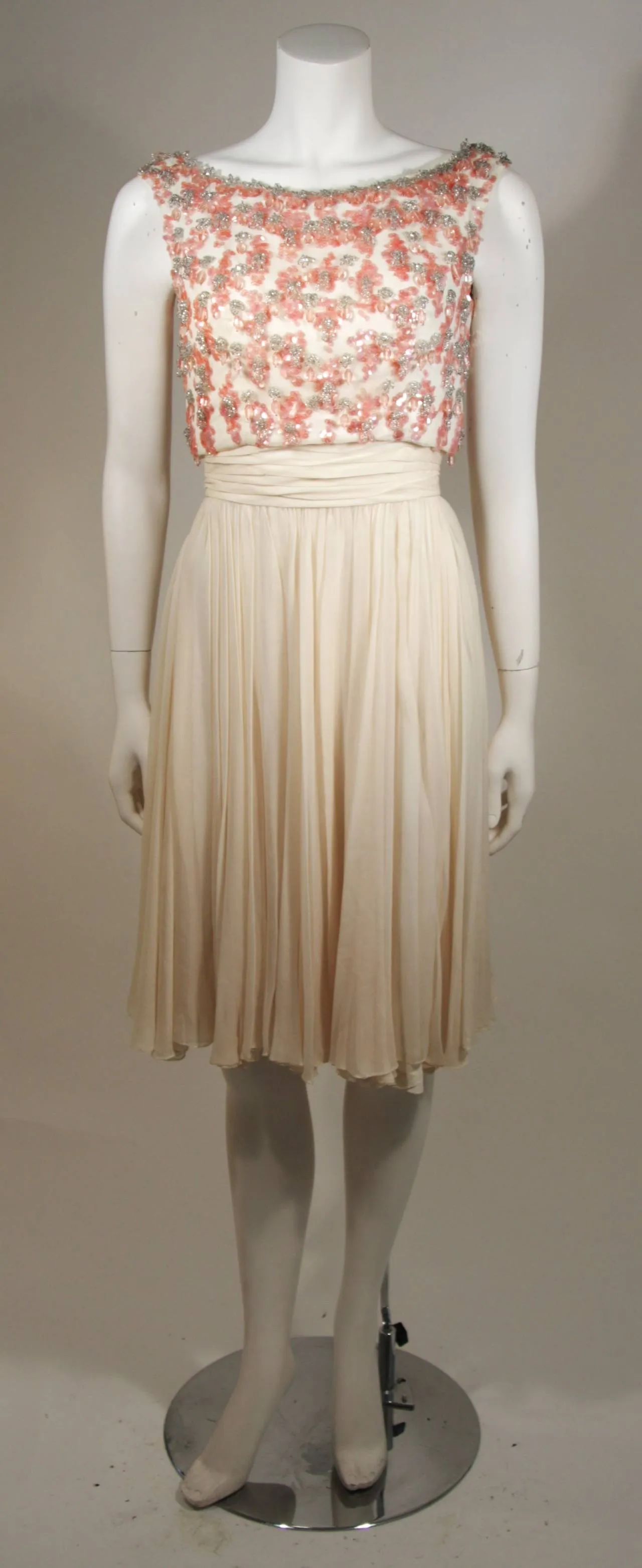 PAT SANDLER Ivory Chiffon Cocktail Dress w/ Pink Accents