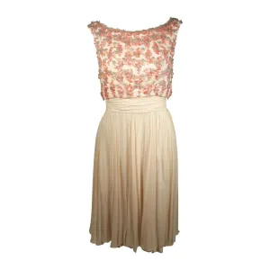 PAT SANDLER Ivory Chiffon Cocktail Dress w/ Pink Accents