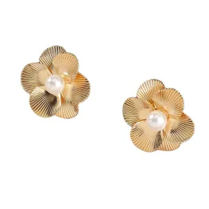 Pearl & 18K Gold-Plated Flower Stud Earrings