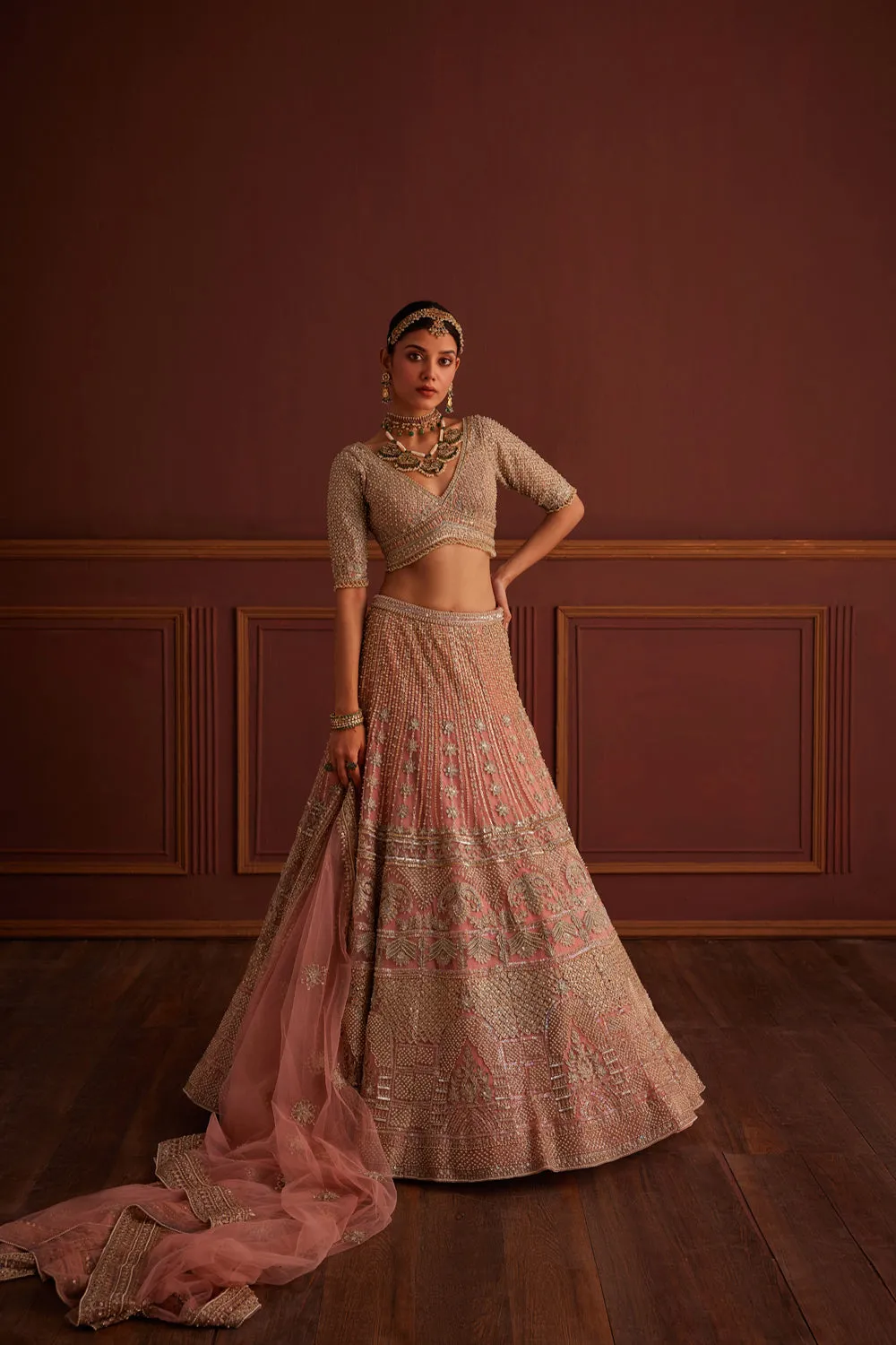 Pink Bead Embellished Bridal Lehenga