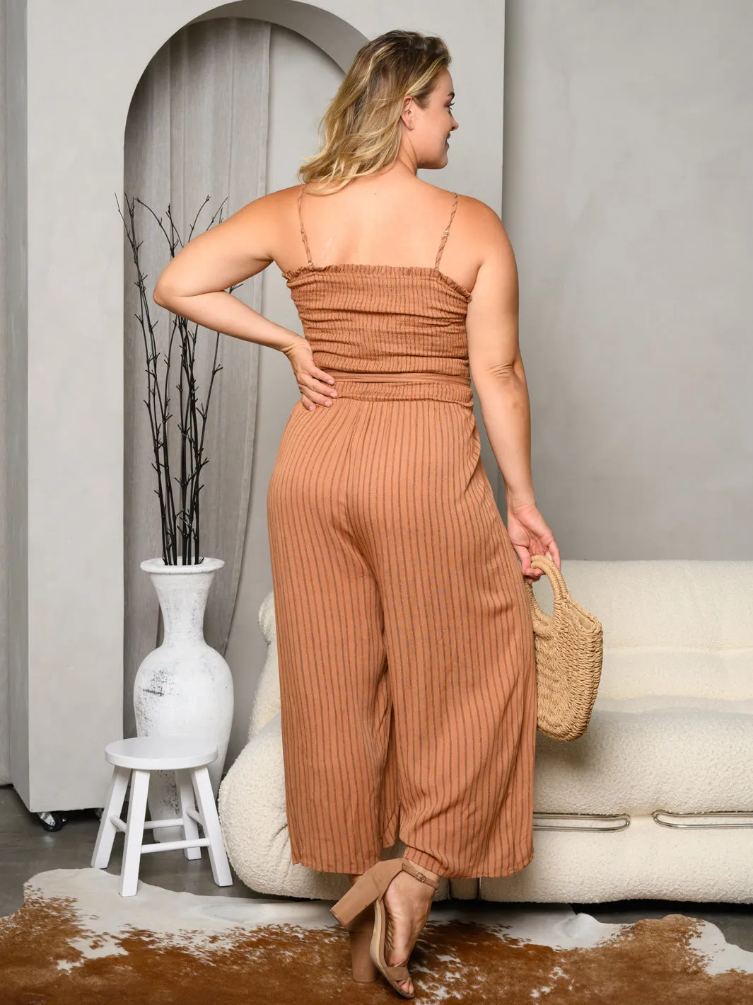 PLUS SIZE SLEEVELESS SMOCK SELF TIE JUMPSUIT