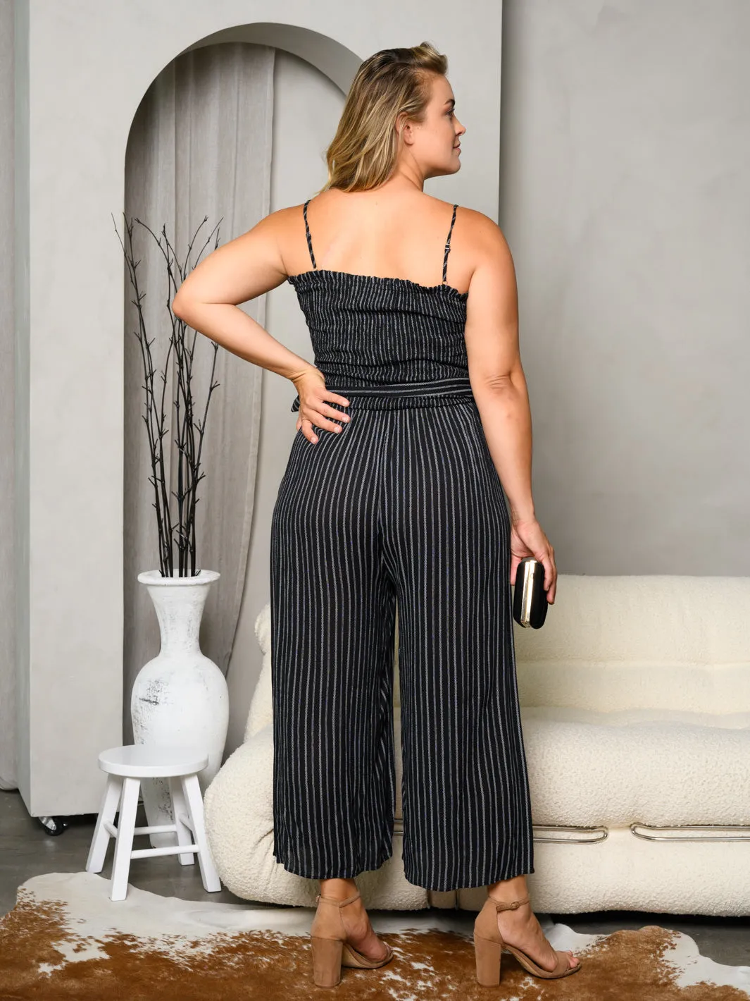 PLUS SIZE SLEEVELESS SMOCK SELF TIE JUMPSUIT